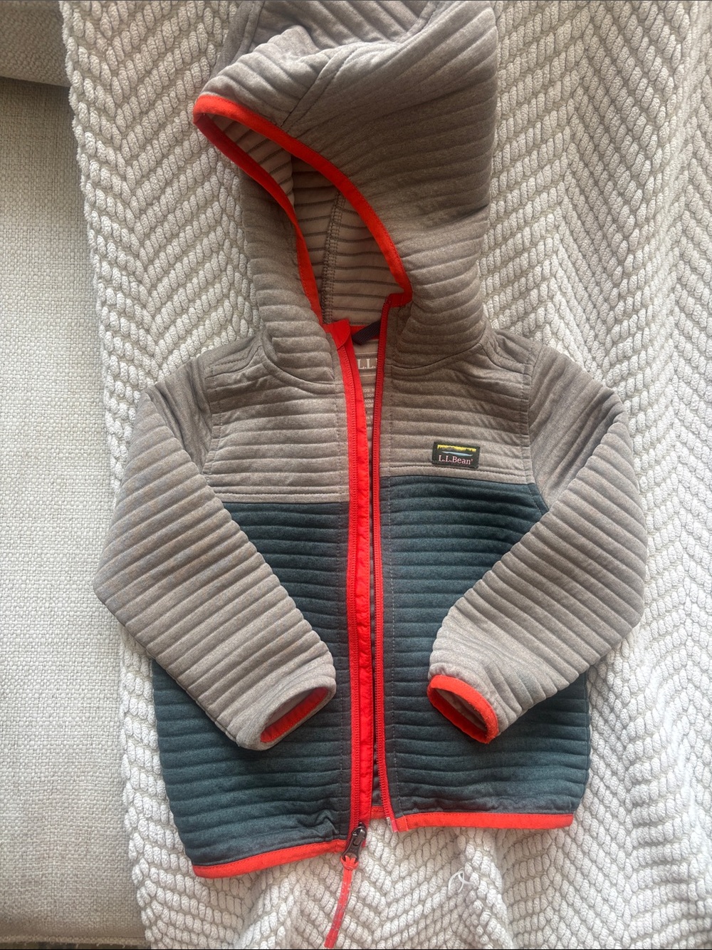 L.L. Bean Quilted Hooded Colorblock Zip Jacket in Gray, Teal & Orange